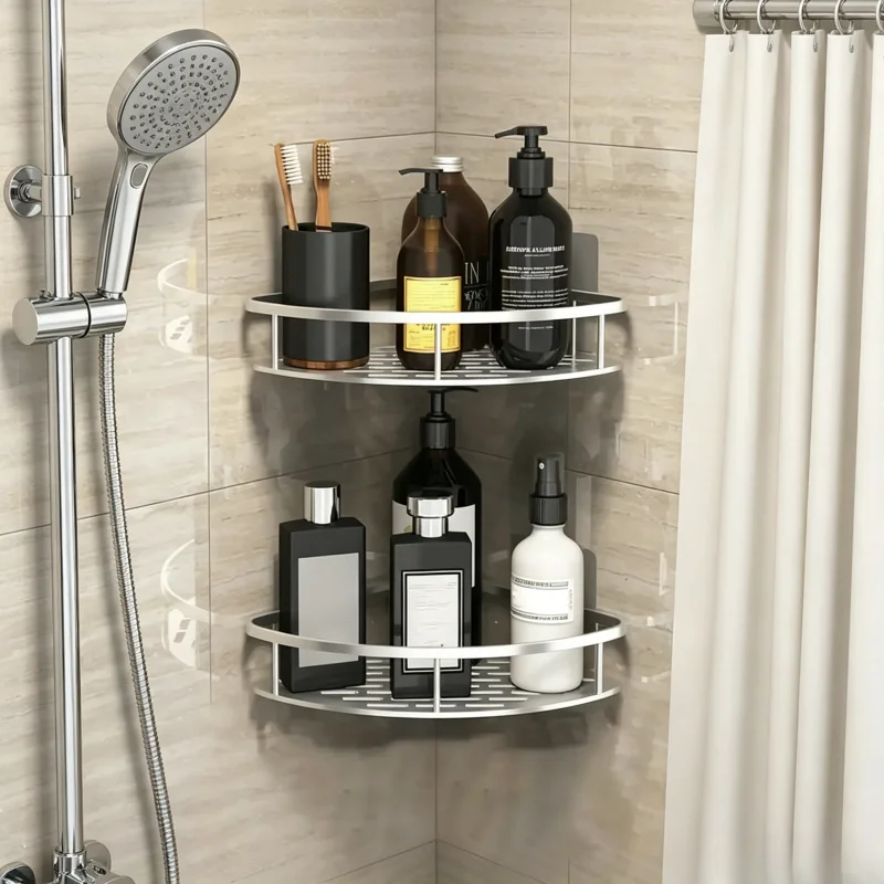 Tech Accessories Organizer - はい、ドリル不要の壁掛け式バスルームコーナー収納棚、シャンプー、トイレ、バスルームアクセサリー用の防水シャワーオーガナイザーラック