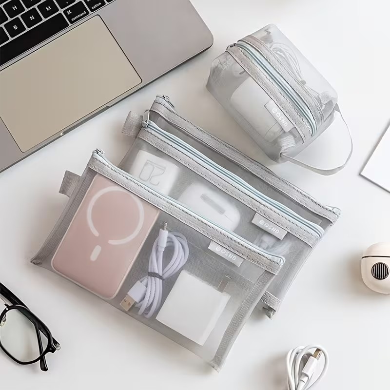 グレーのメッシュオーガナイザーバッグ – 旅行、メイクアップ - Tech Accessories Organizer のレビューと価格